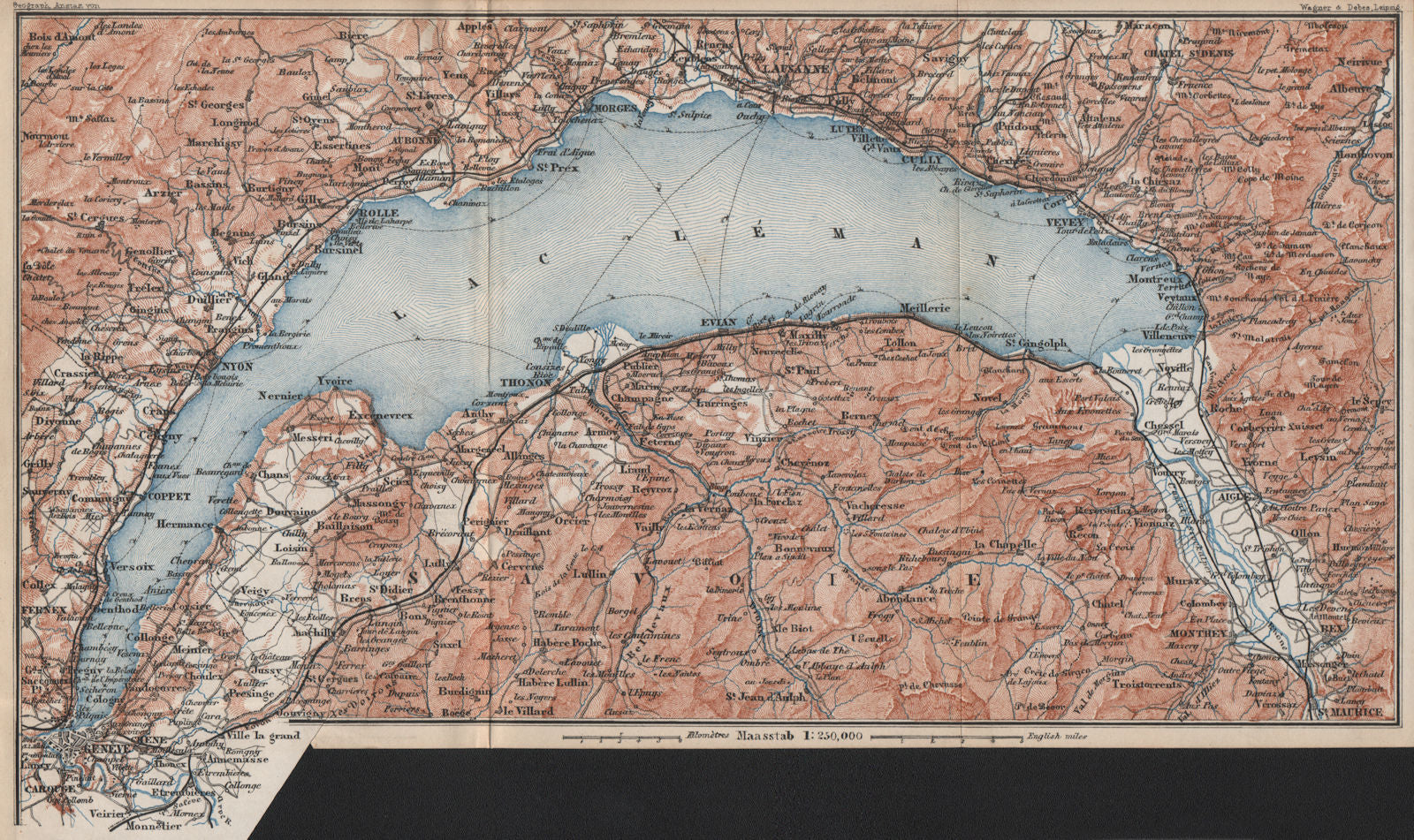 LAKE GENEVA/LAC LÉMAN. St Cergue Chatel St Jean d'Aulph Lausanne Evian 1889 map